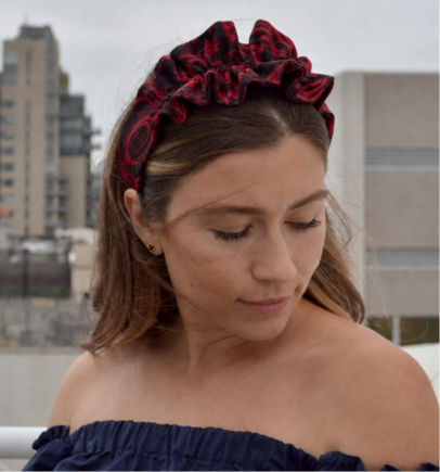 red rose ruffled turban on model